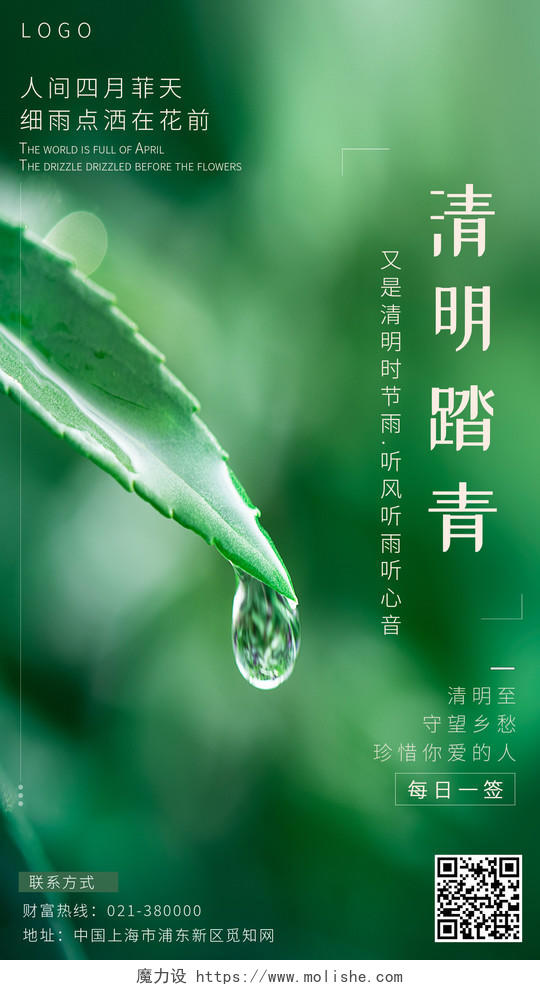 绿色简约清明踏青传统节日二十四节气清明节手机海报